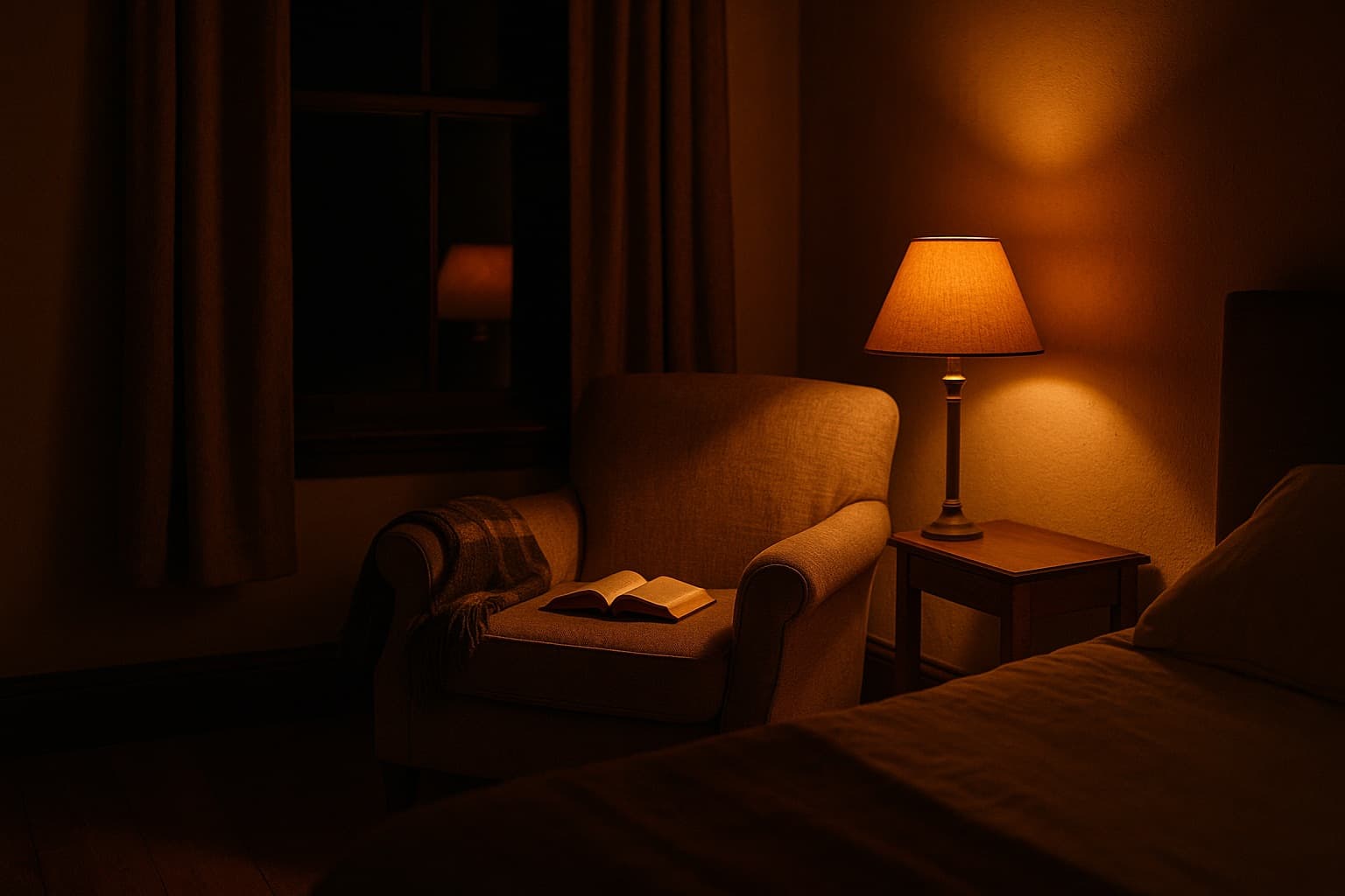 A cozy bedroom reading corner at night lit by a warm amber lamp, with no blue light.