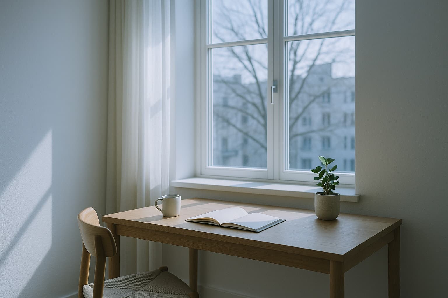 A minimalist home workspace by a window in bright, cool daytime light.