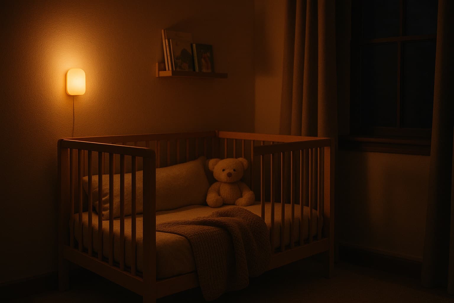 A nursery at night lit softly by a single warm, blue-free amber night light.