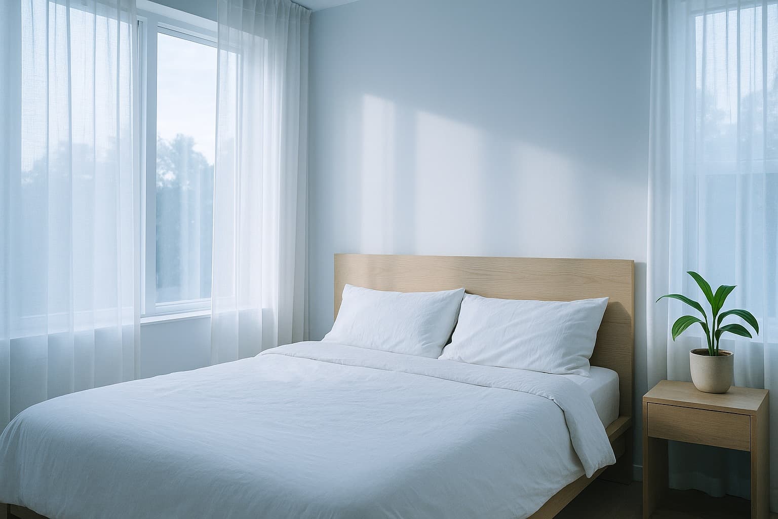 A bright bedroom flooded with cool, blue-rich morning daylight through sheer curtains.