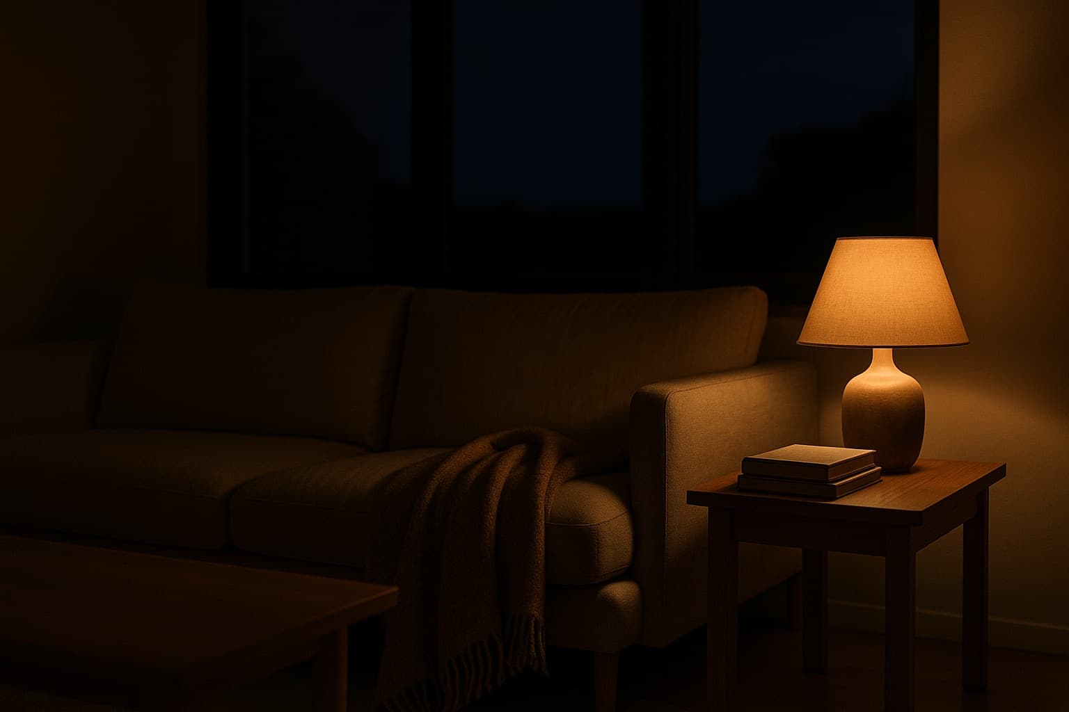 A living room at night lit only by a single warm, blue-free amber lamp.